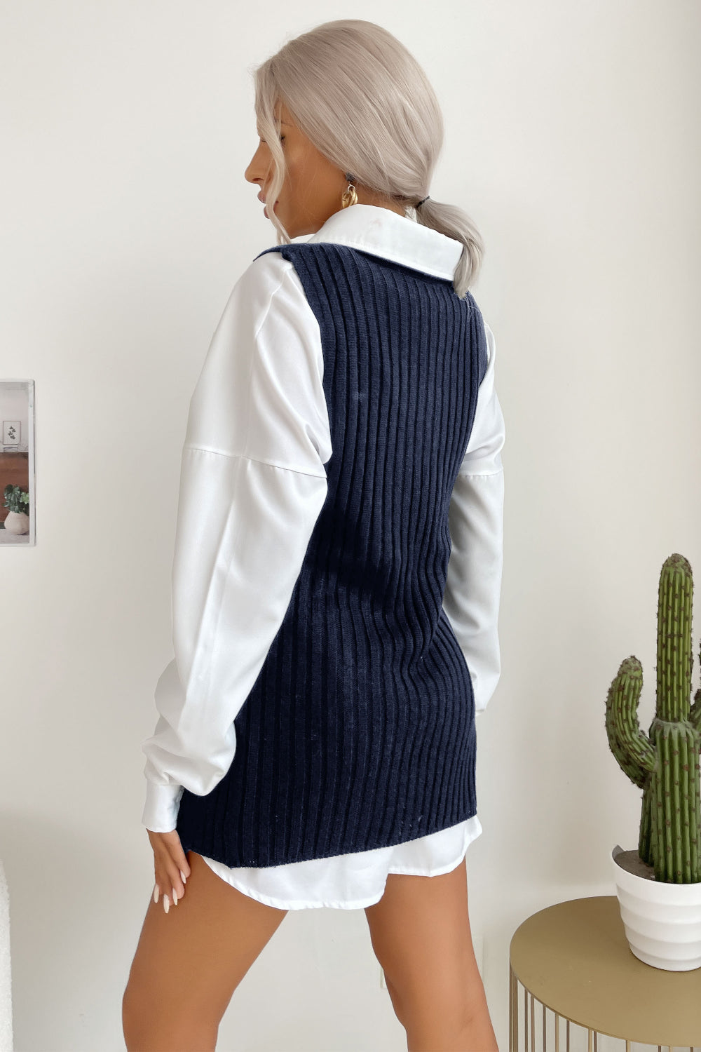 Ribbed Slit Hem Sweater Vest Dress