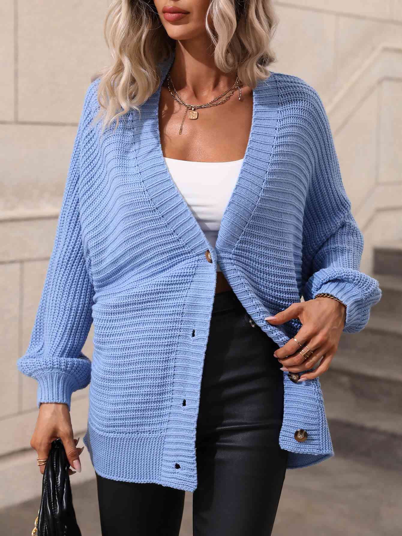 Double Take Button Down Horizontal-Ribbing Longline Cardigan