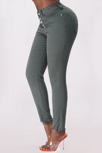 Button Fly Hem Detail Skinny Jean Pants