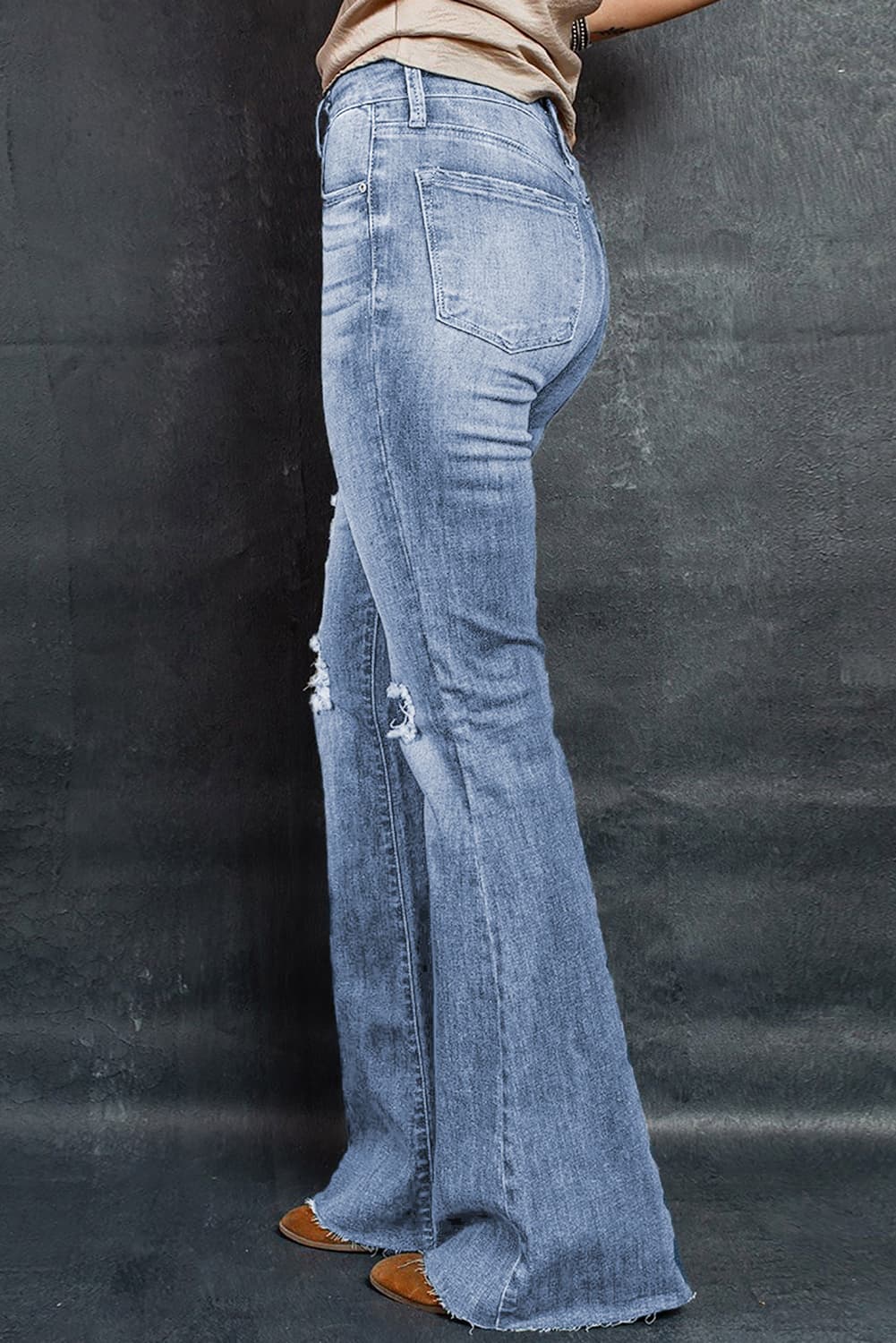 Distressed Raw Hem Flare Jeans Pants