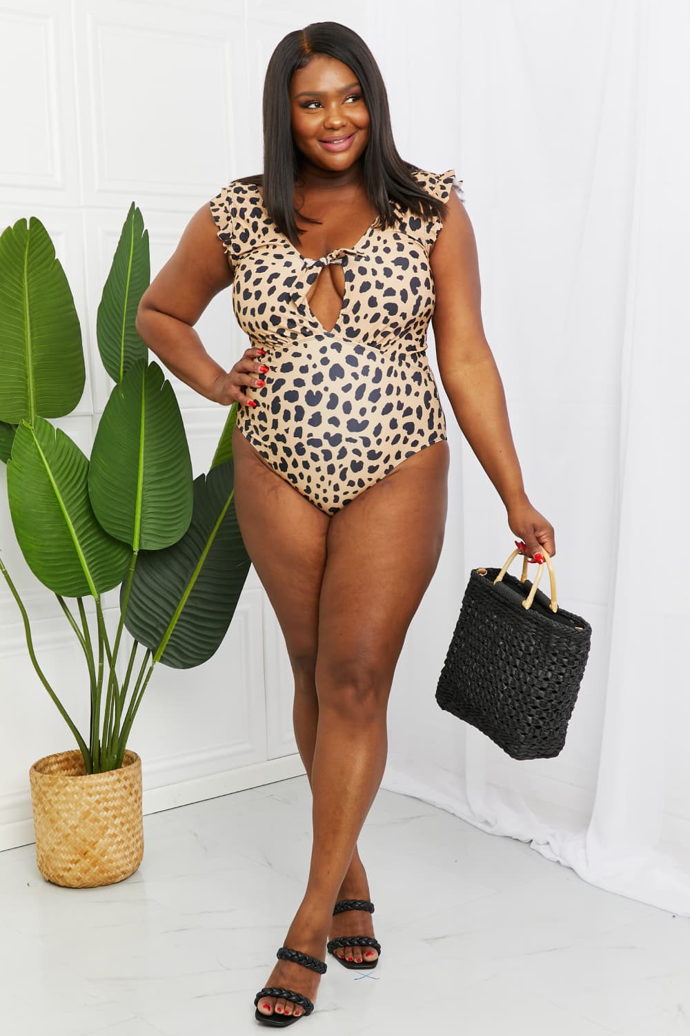 Seashell Ruffle Sleeve One-Piece in Leopard