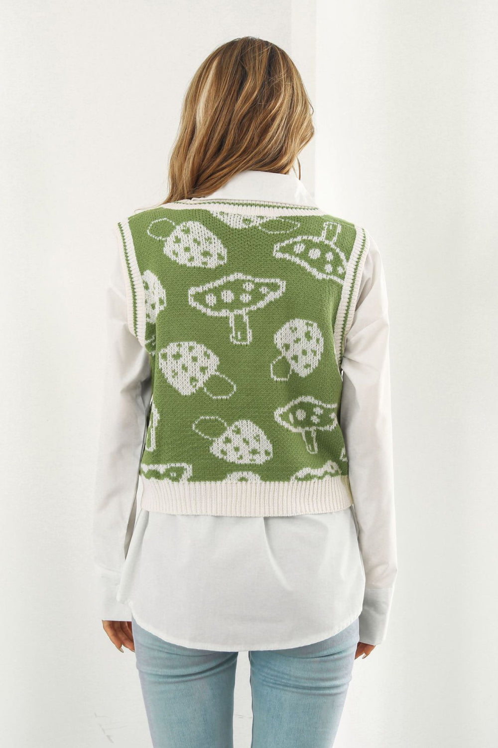 Mushroom Print V-Neck Cropped Sweater Vest