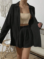 Load image into Gallery viewer, Dropped Shoulder Button Up Top and Elastic Waist Shorts Set
