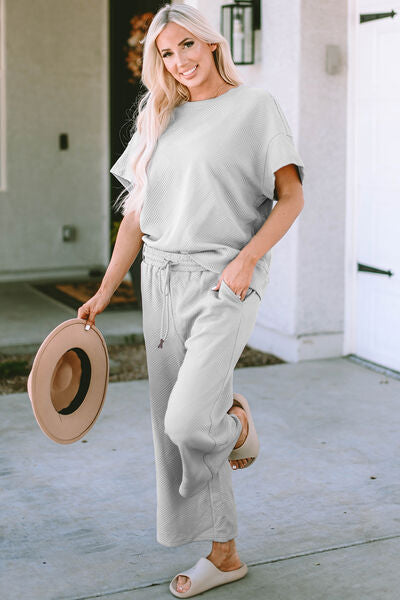 Textured Short Sleeve Top and Pants Set