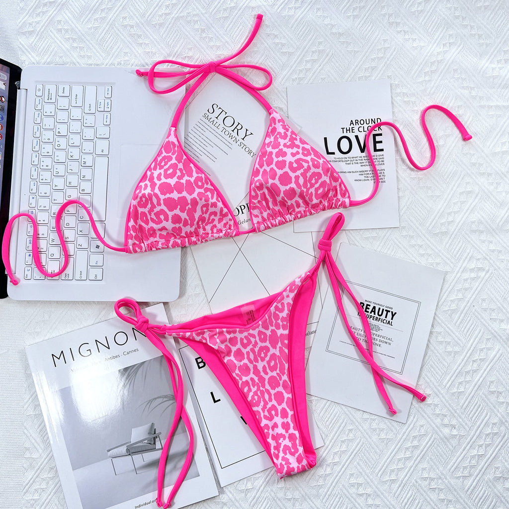 Leopard Print Triangle Bikini Set | Neon Tie-Side Two-Piece