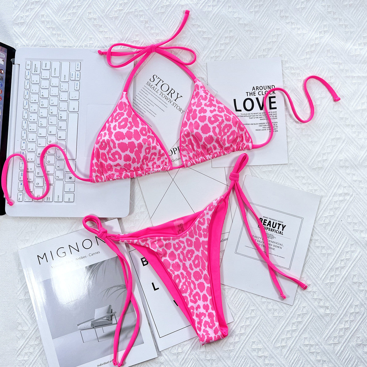 Leopard Print Triangle Bikini Set | Neon Tie-Side Two-Piece
