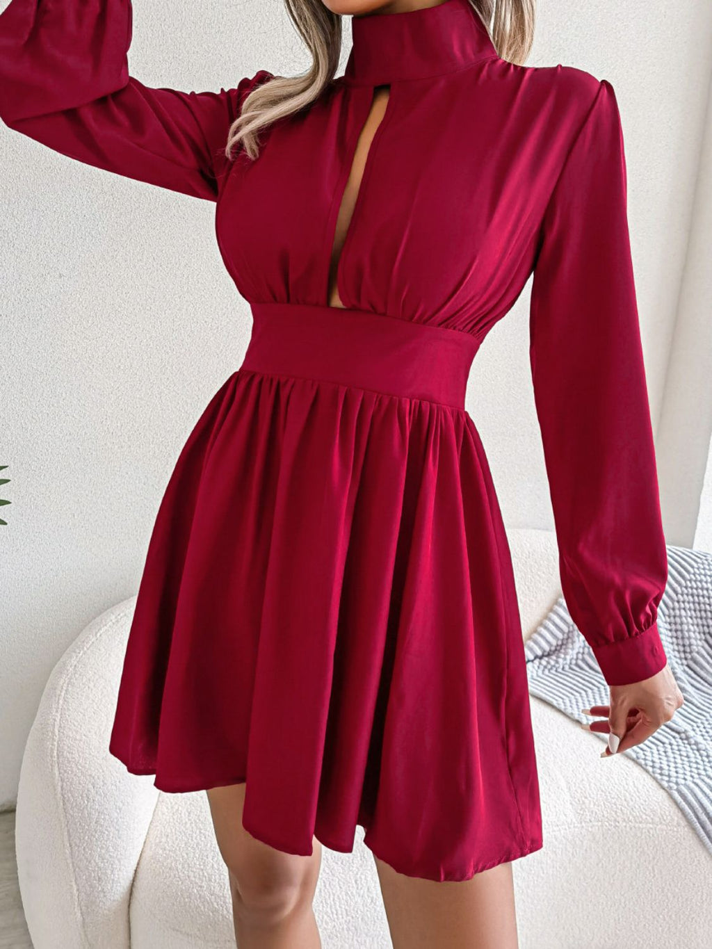 Ruched Keyhole Turtleneck Mini Dress