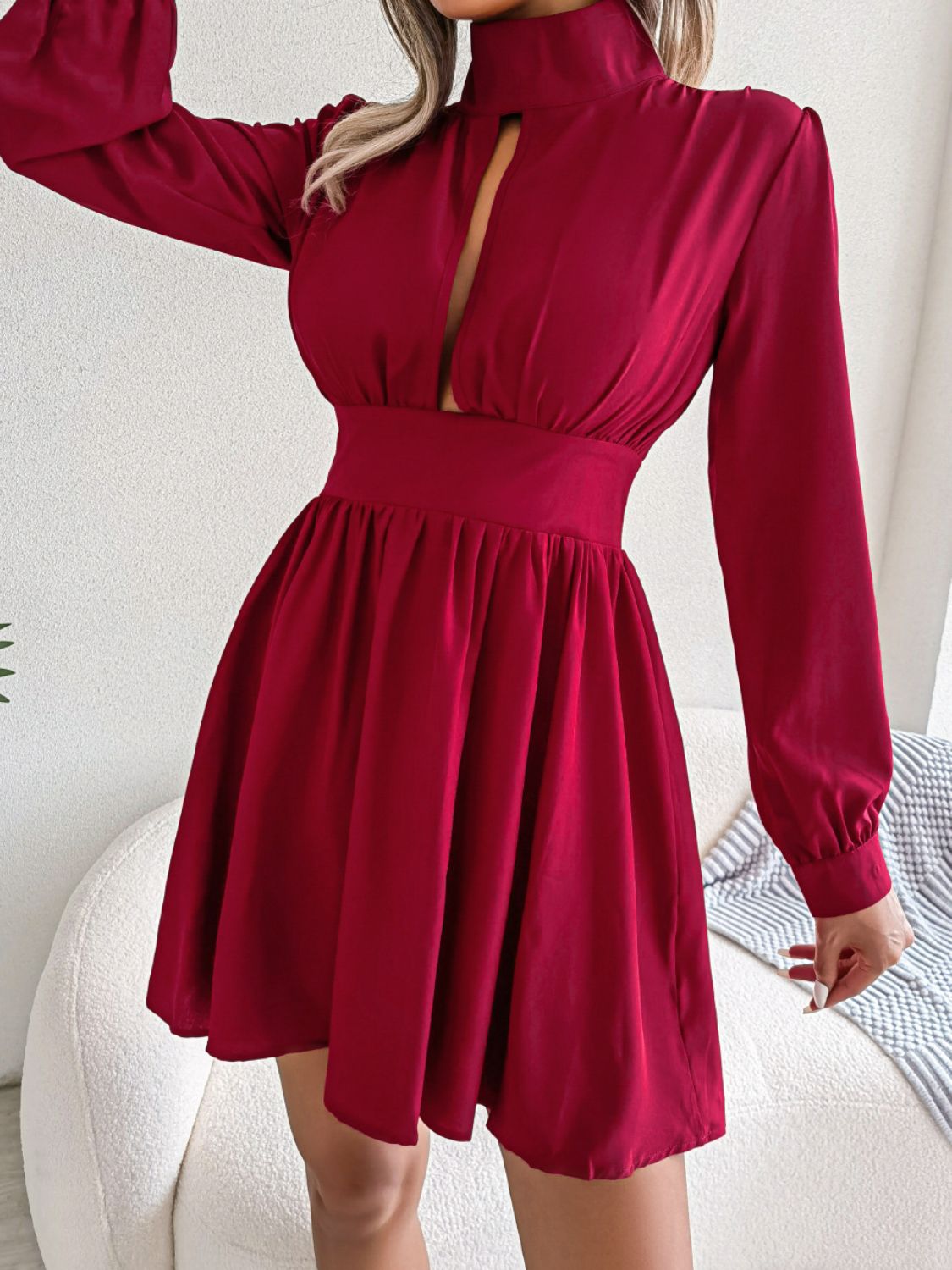 Ruched Keyhole Turtleneck Mini Dress