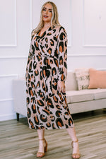 Load image into Gallery viewer, Plus Size Leopard Print Surplice Neck Long Sleeve Midi Dress
