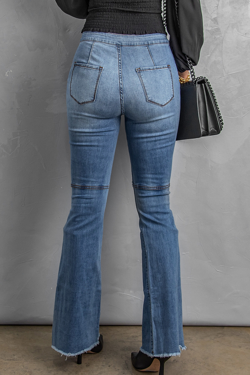 Distressed Raw Hem High-Waist Flare Jeans Pants