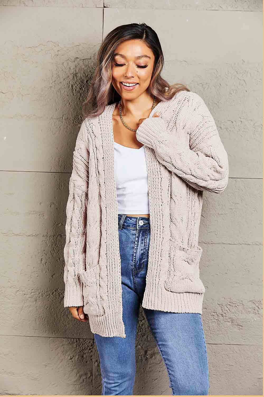 Cable-Knit Open Front Cardigan with Front Pockets