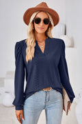 Notched V-Neck Puff Sleeve Blouse