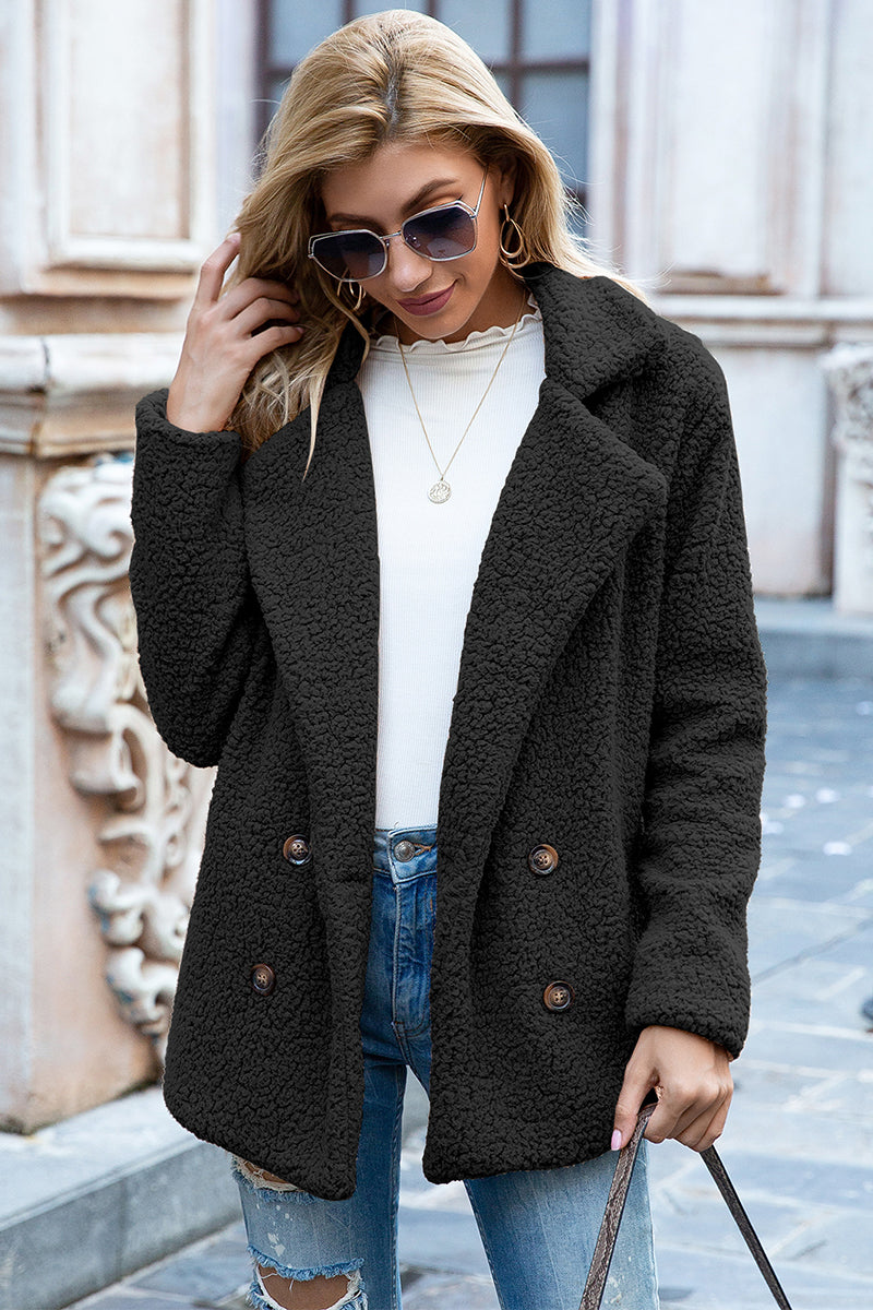 Double-Breasted Lapel Collar Teddy Sherpa Coat