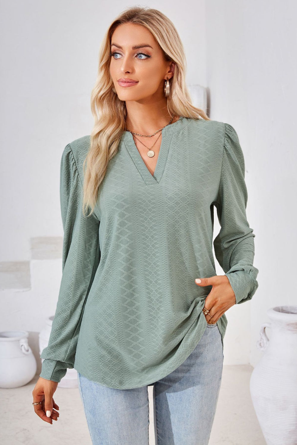 Notched V-Neck Puff Sleeve Blouse