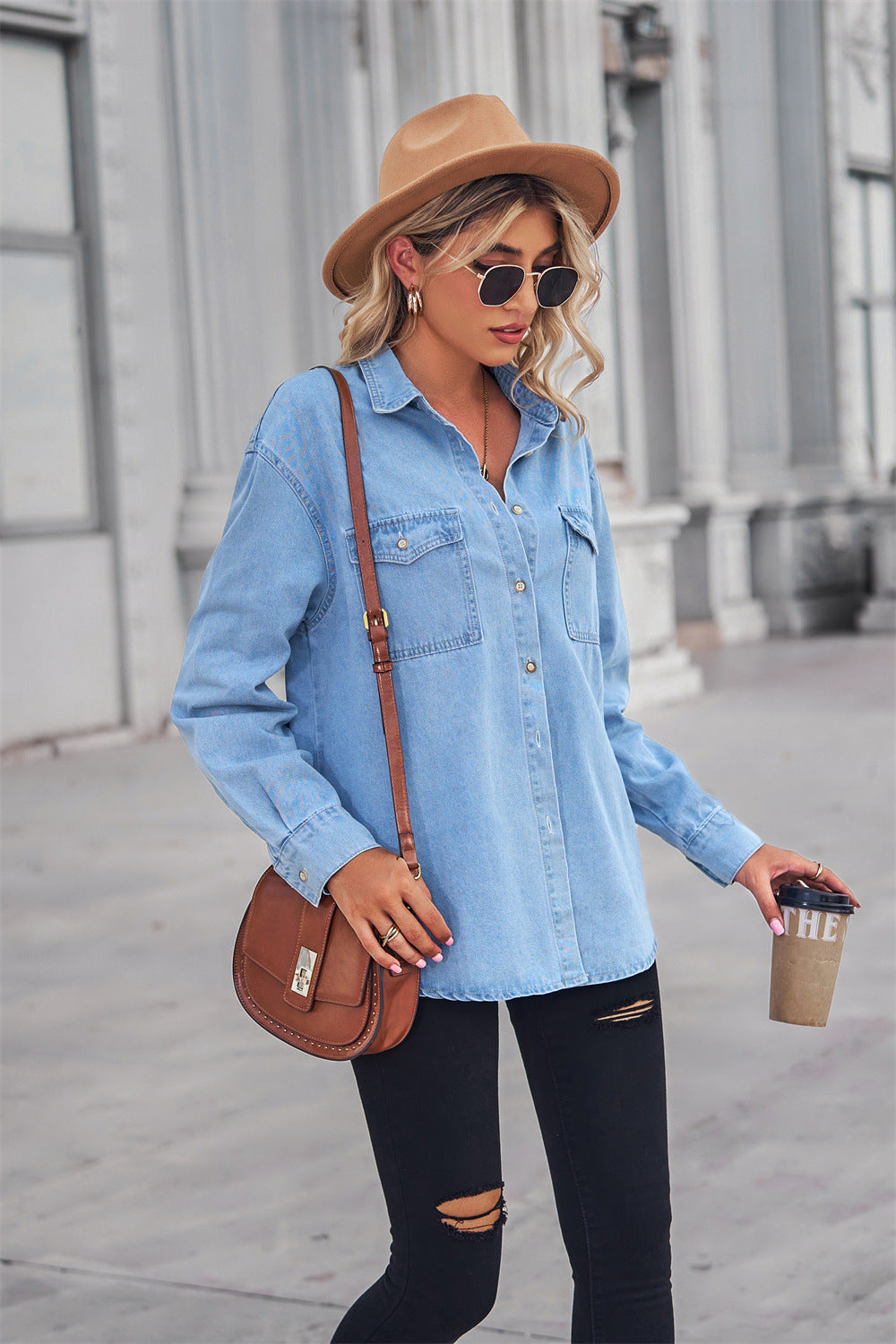 Collared Neck Dropped Shoulder Button-Up Top
