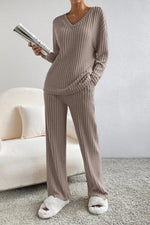 Load image into Gallery viewer, Ribbed V-Neck Top and Pants Set
