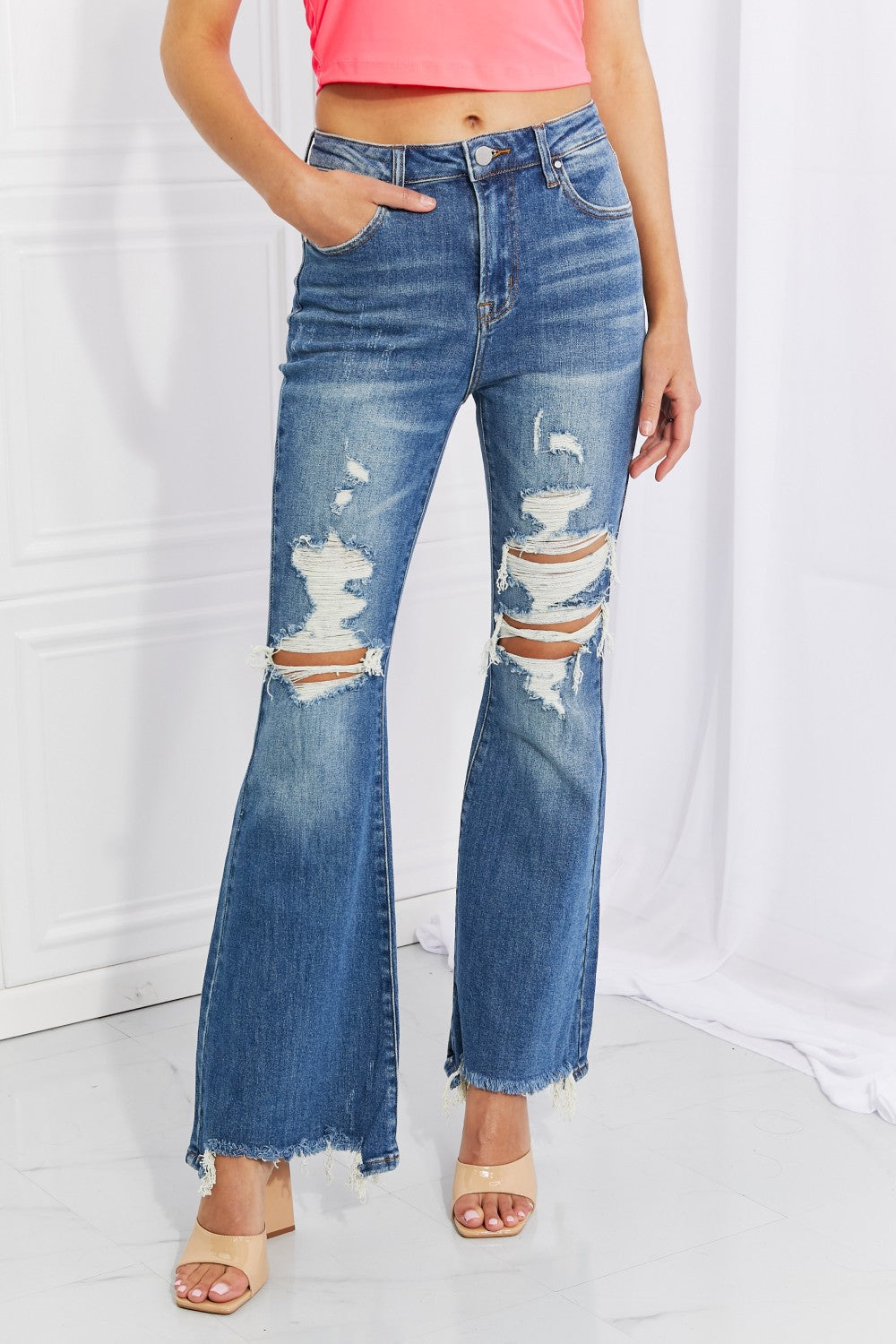 Full Size Hazel High Rise Distressed Flare Jeans Pants