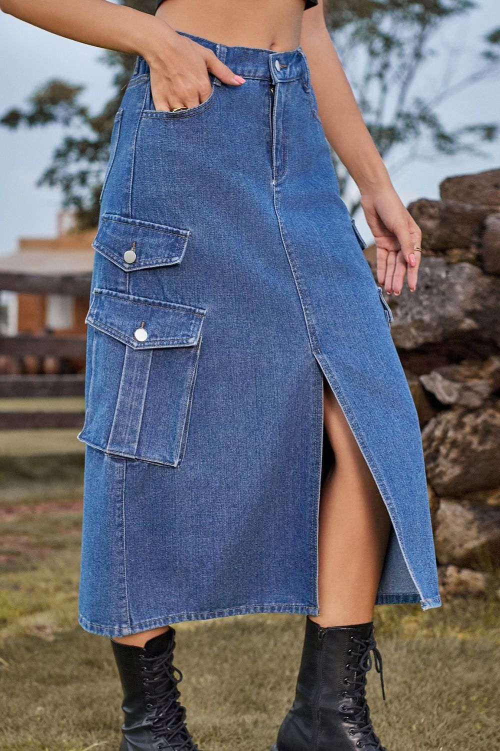Slit Front Midi Skirt with Pockets