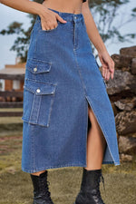 Load image into Gallery viewer, Slit Front Midi Denim Skirt with Pockets
