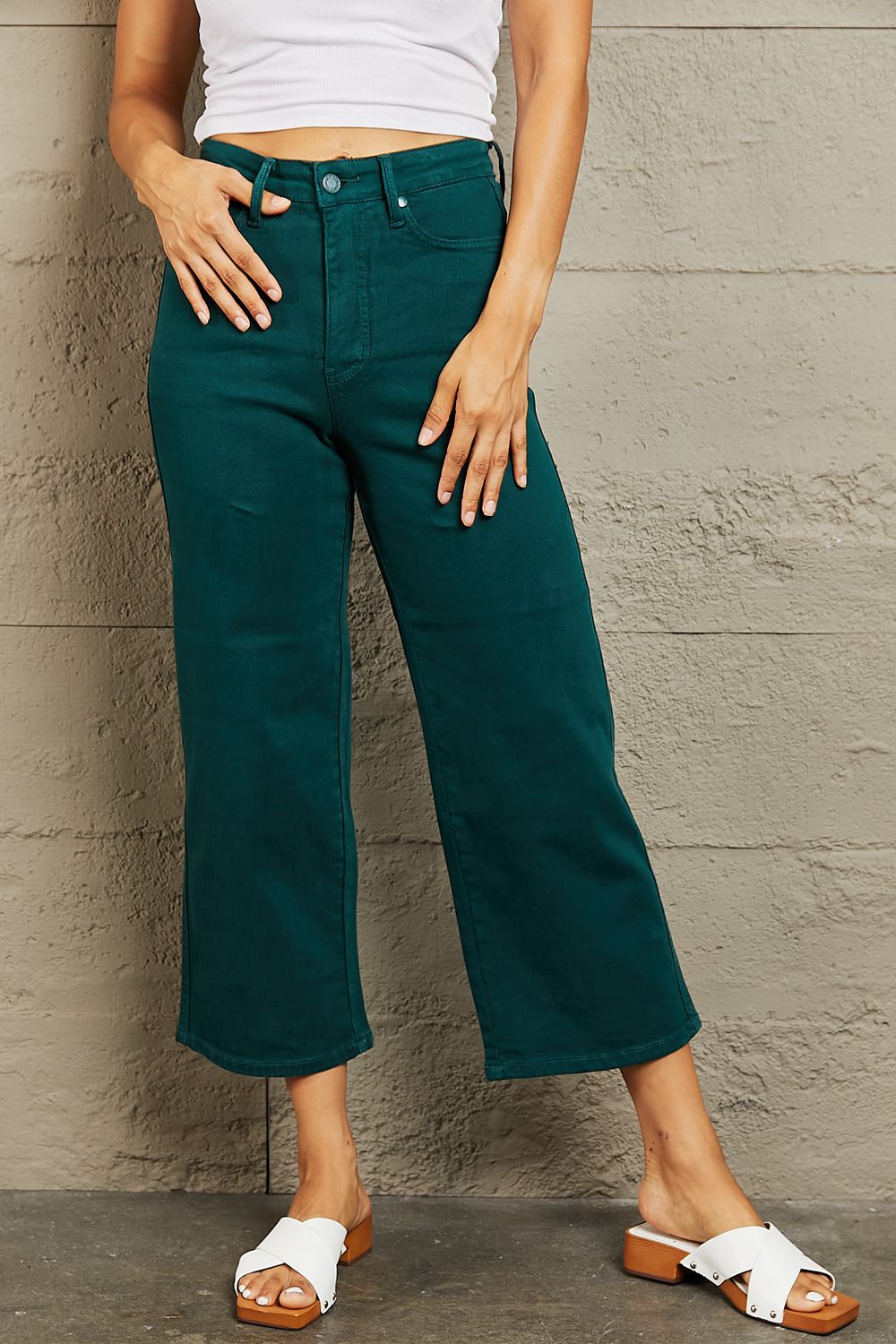 Full Size Tummy Control High Waisted Cropped Wide Leg Jean Pants