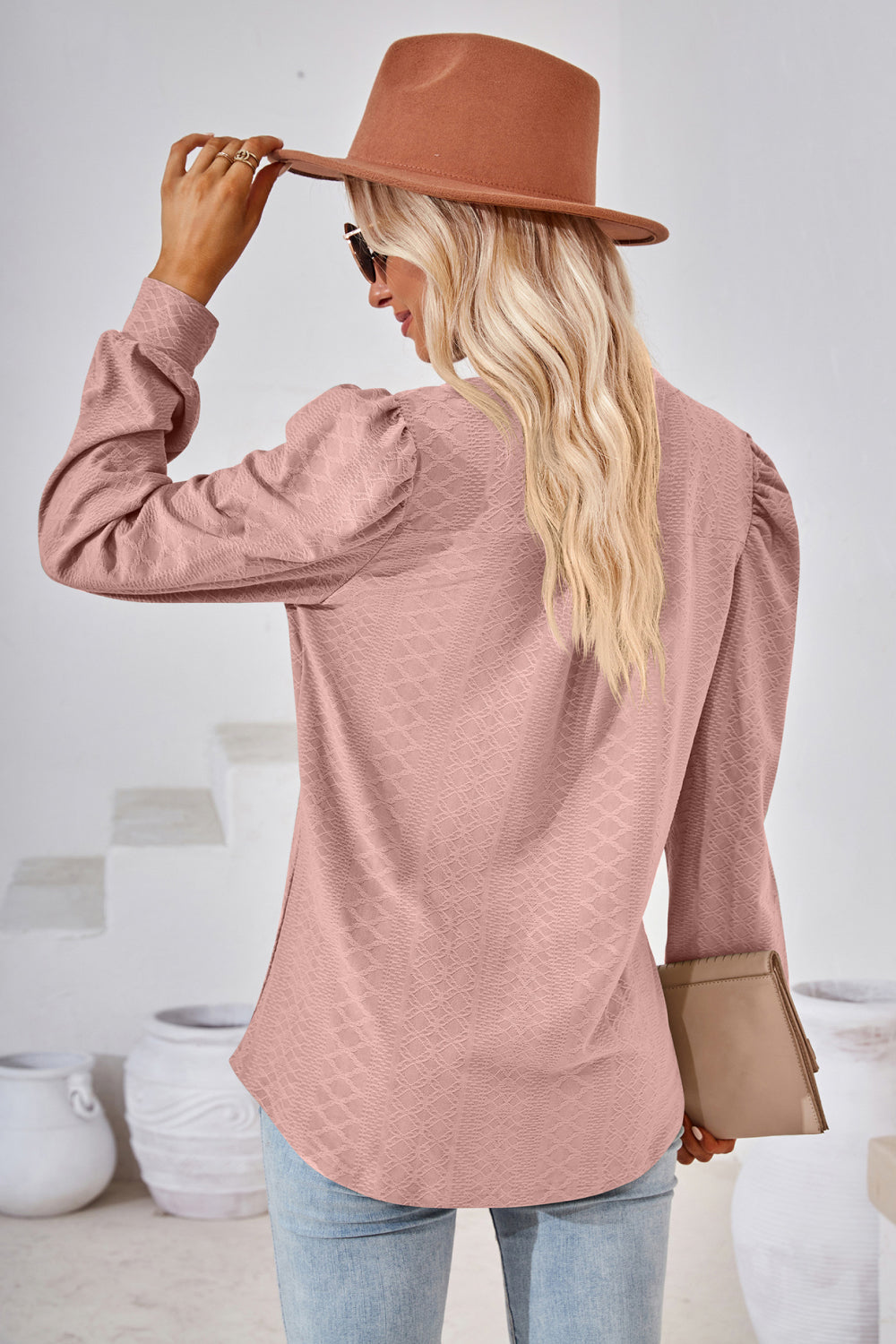 Notched V-Neck Puff Sleeve Blouse