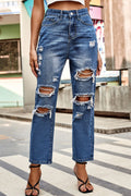Distressed Buttoned Cropped Pants with Pockets