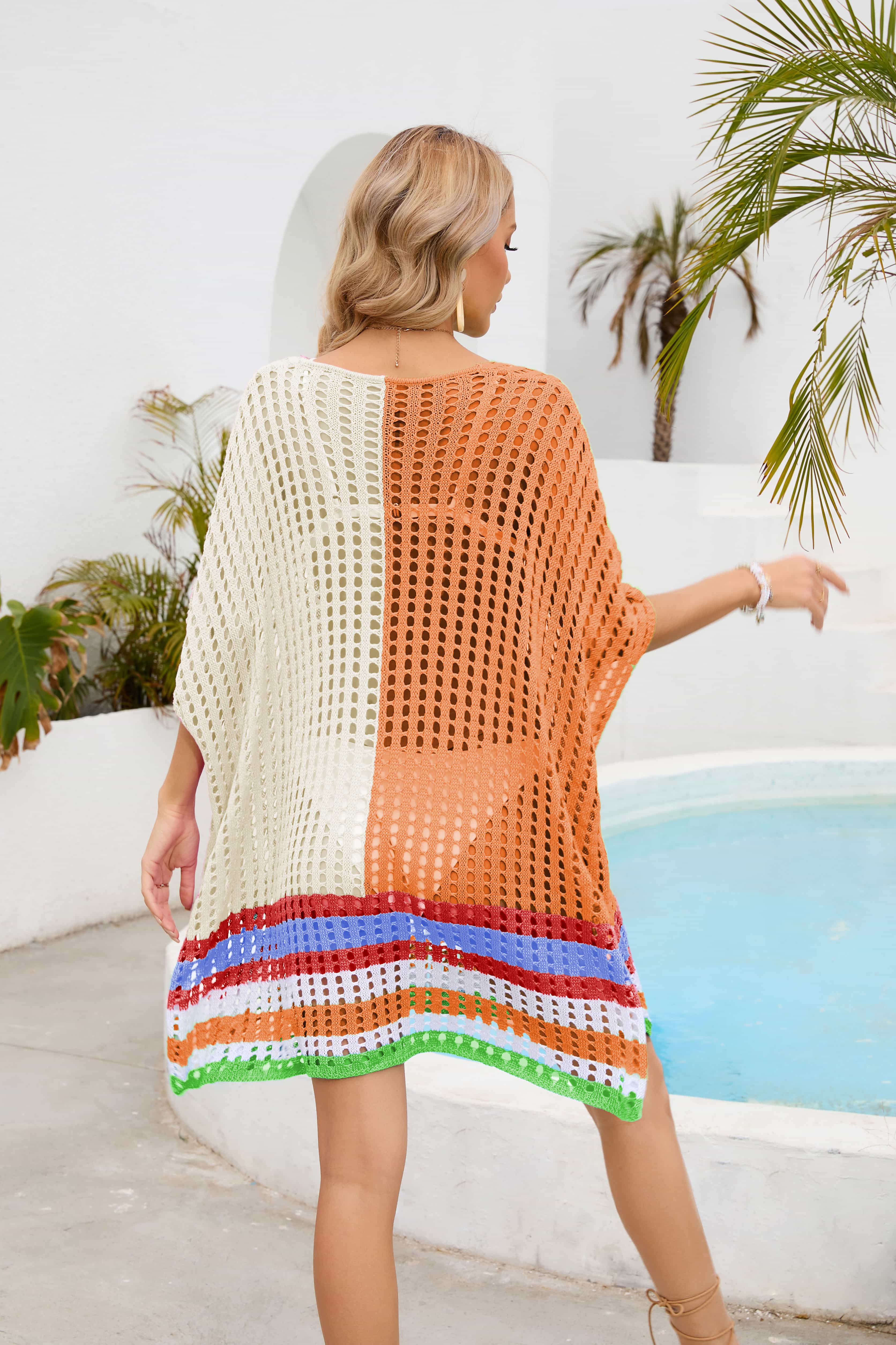 Contrast Openwork Half Sleeve Scoop Neck Cover-Up