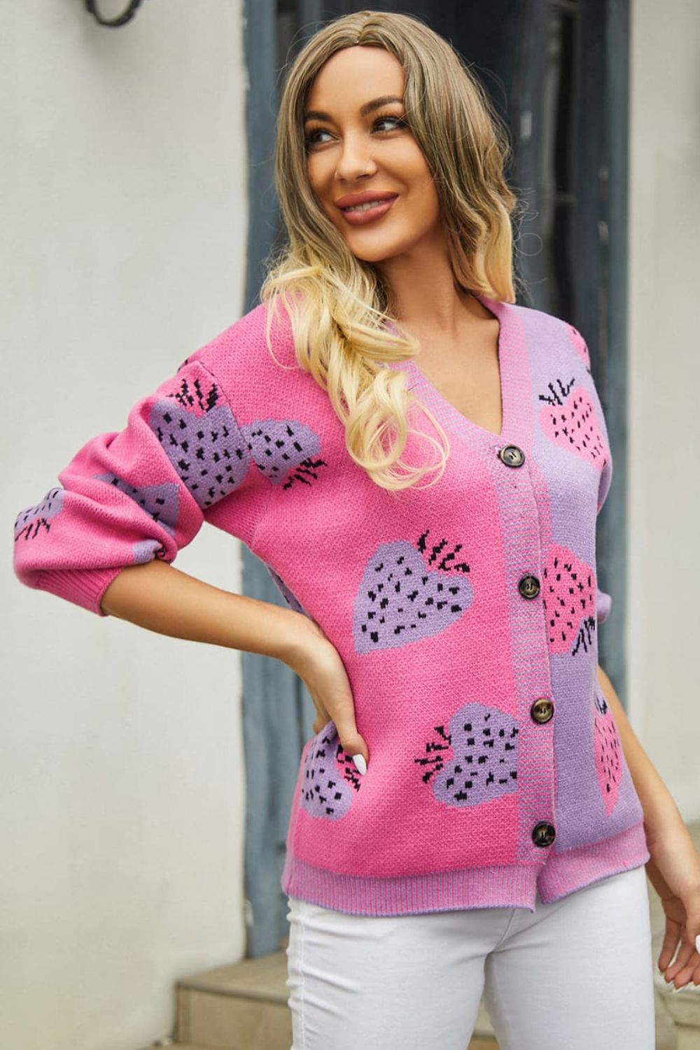 Printed V-Neck Button-Down Cardigan