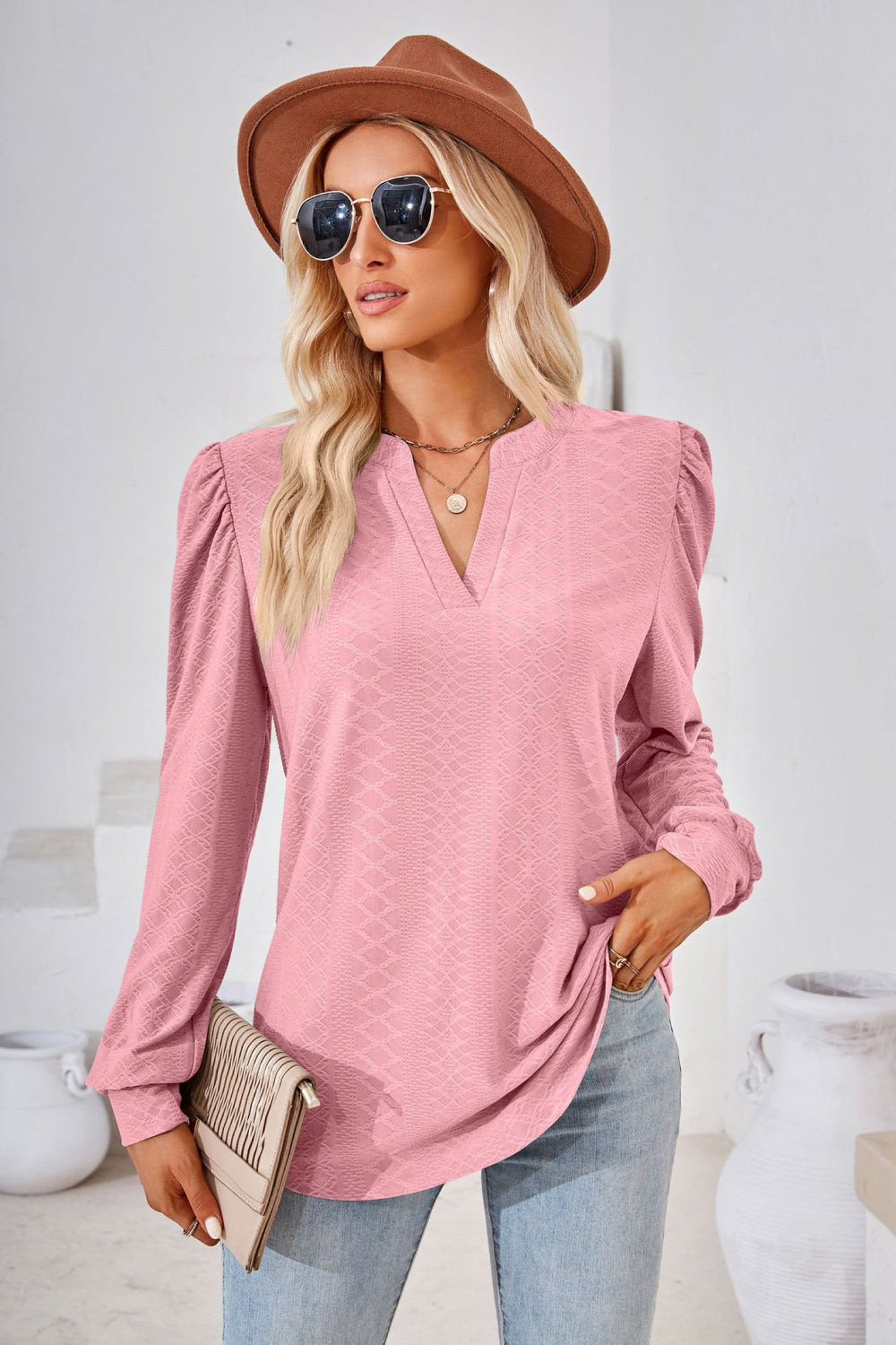 Notched V-Neck Puff Sleeve Blouse