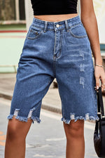 Load image into Gallery viewer, Raw Hem High Waist Denim Shorts with Pockets

