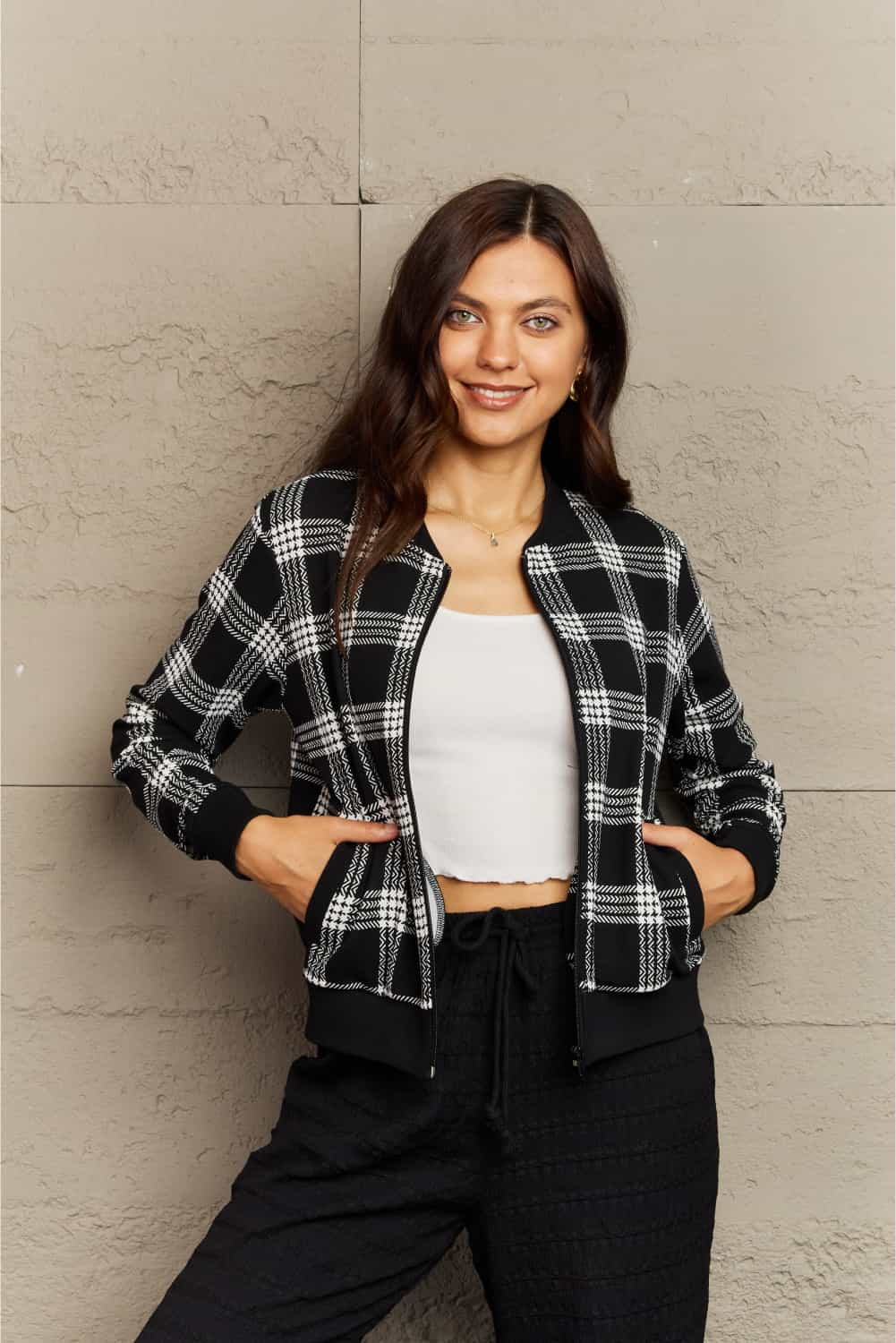 Full Size Plaid Round Neck Long Sleeve Jacket