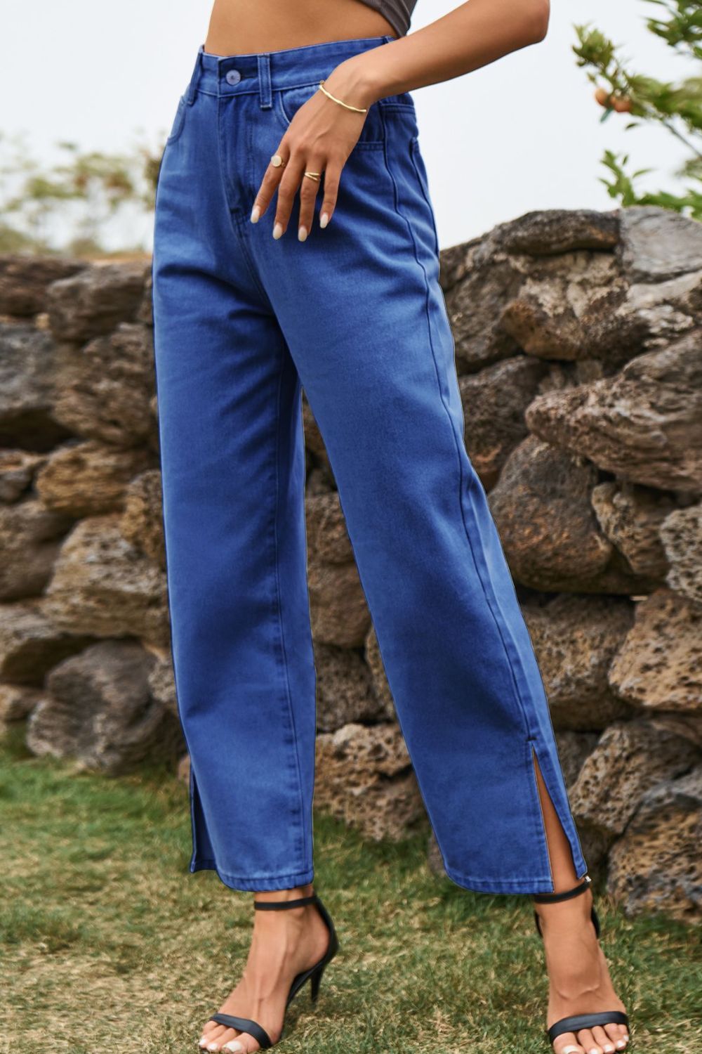 High Waist Loose Fit Ankle Slit Pants