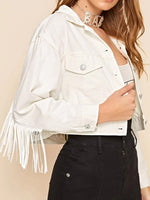 Load image into Gallery viewer, Fringe Detail Collared Neck Long Sleeve Denim Jacket
