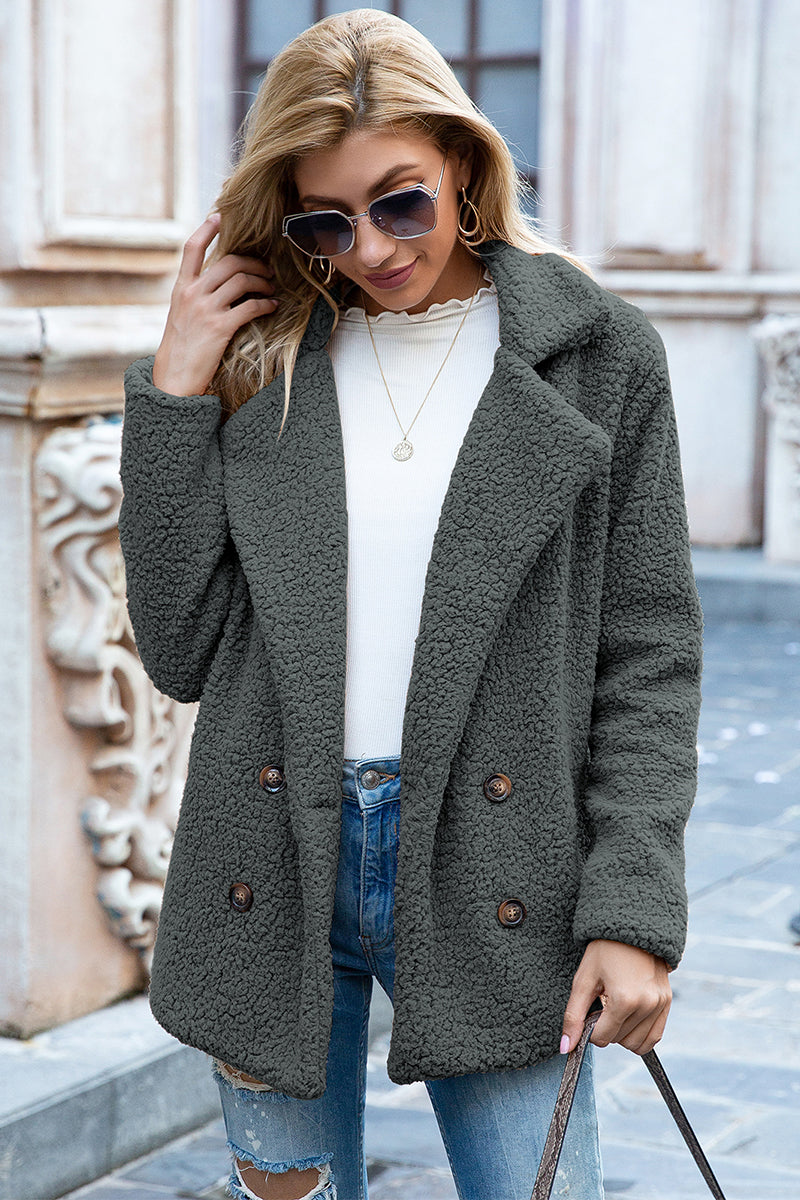 Double-Breasted Lapel Collar Teddy Sherpa Coat