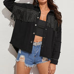 Load image into Gallery viewer, Fringe Detail Button-Down Collared Neck Denim Jacket
