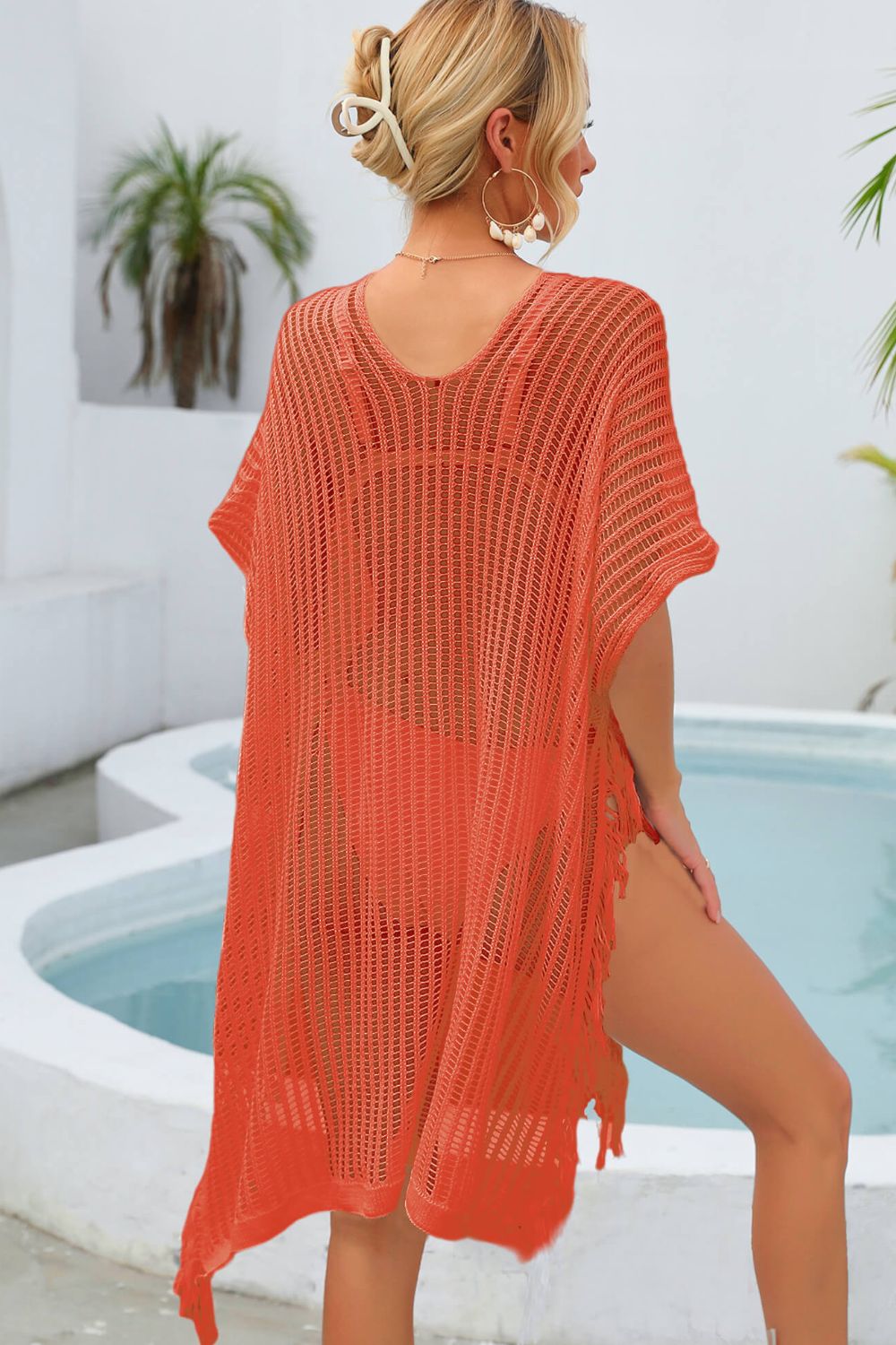 Fringe Trim Openwork Short Sleeve Cover-Up