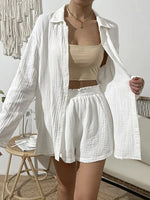 Load image into Gallery viewer, Dropped Shoulder Button Up Top and Elastic Waist Shorts Set
