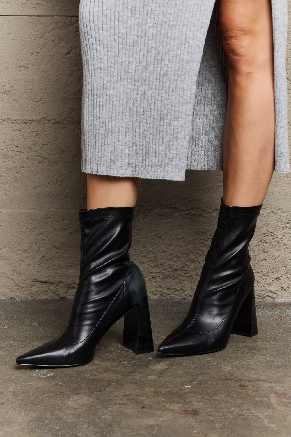 Stretch Faux Leather Sock Boots | Sculptural Block Heel Pointed-Toe Boots