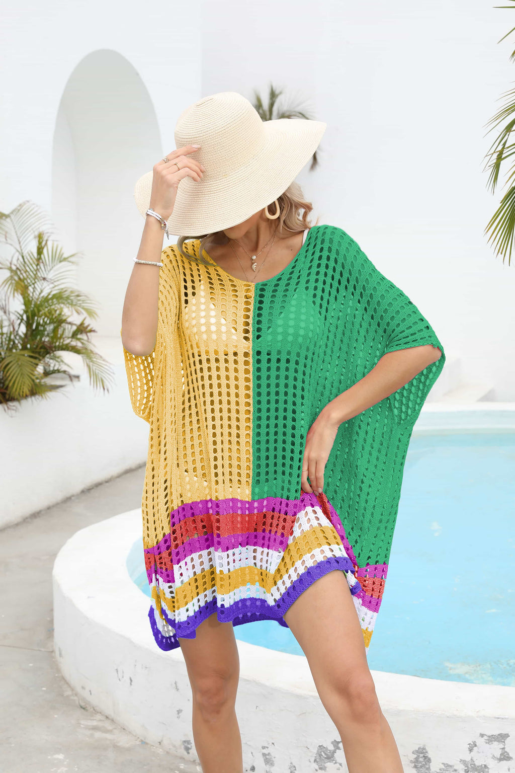 Contrast Openwork Half Sleeve Scoop Neck Cover-Up