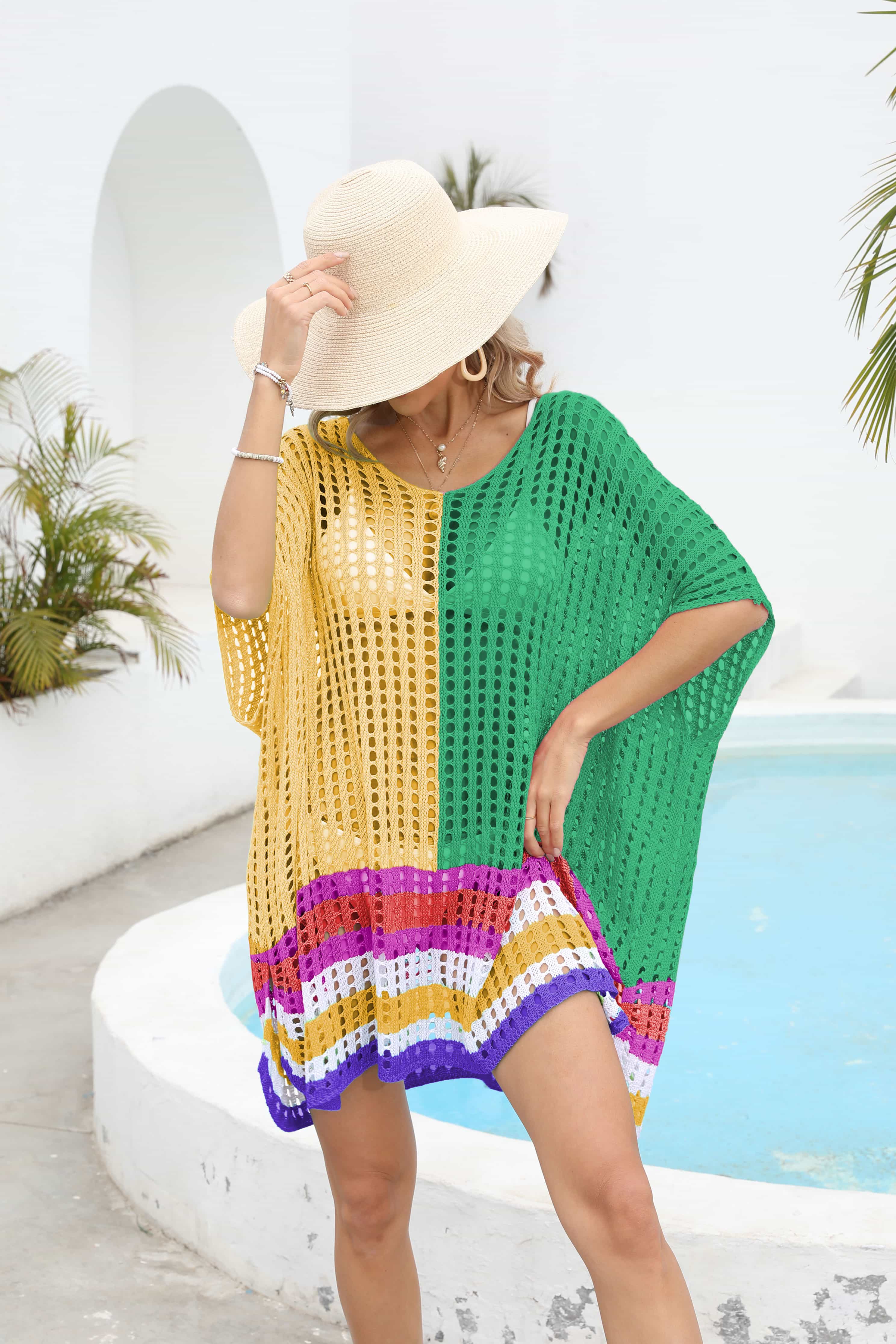 Contrast Openwork Half Sleeve Scoop Neck Cover-Up