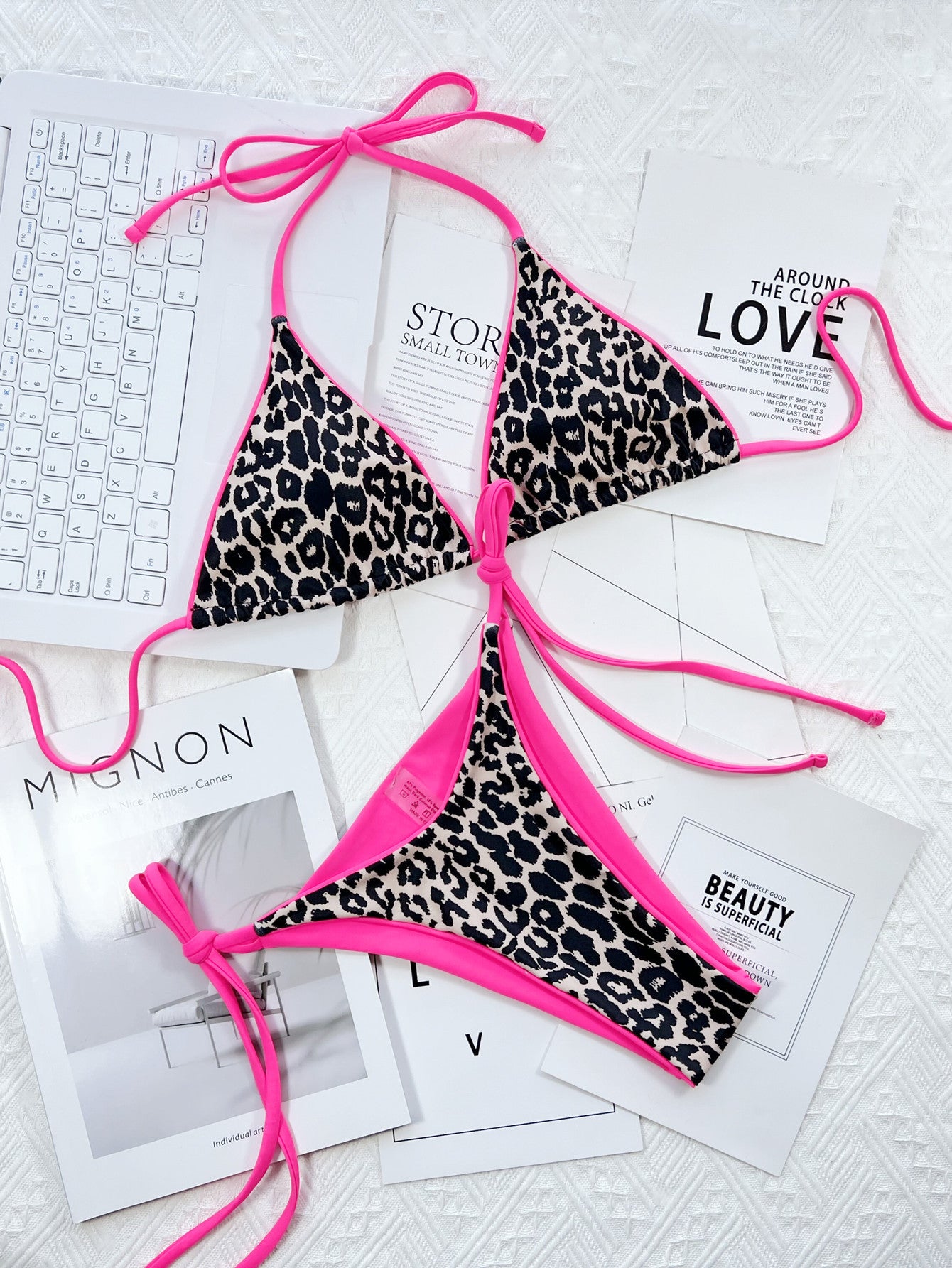 Leopard Print Triangle Bikini Set | Neon Tie-Side Two-Piece