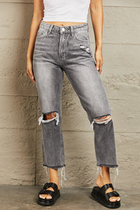 Stone Wash Distressed Cropped Straight Jeans Pants