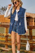 Load image into Gallery viewer, Sleeveless Button-Up Collared Denim Top with Pockets
