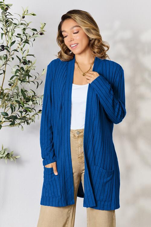 Ribbed Open Front Cardigan with Pockets