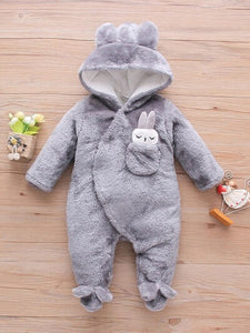 Rabbit Decor Long Sleeve Hooded Snapped Jumpsuit