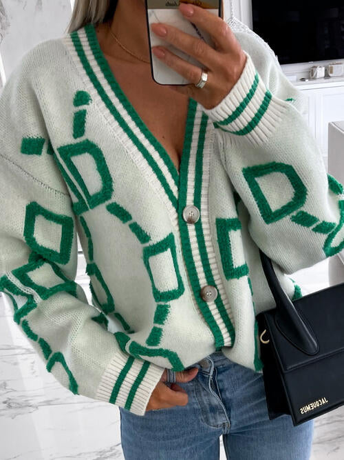 Geometric Dropped Shoulder Button-Down Cardigan