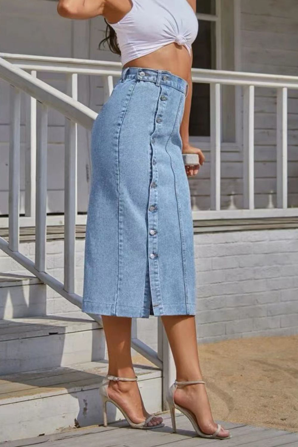 Button Fly Split Denim Midi Skirt