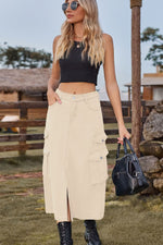 Load image into Gallery viewer, Slit Front Midi Denim Skirt with Pockets
