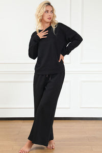 Textured Long Sleeve Top and Drawstring Pants Set