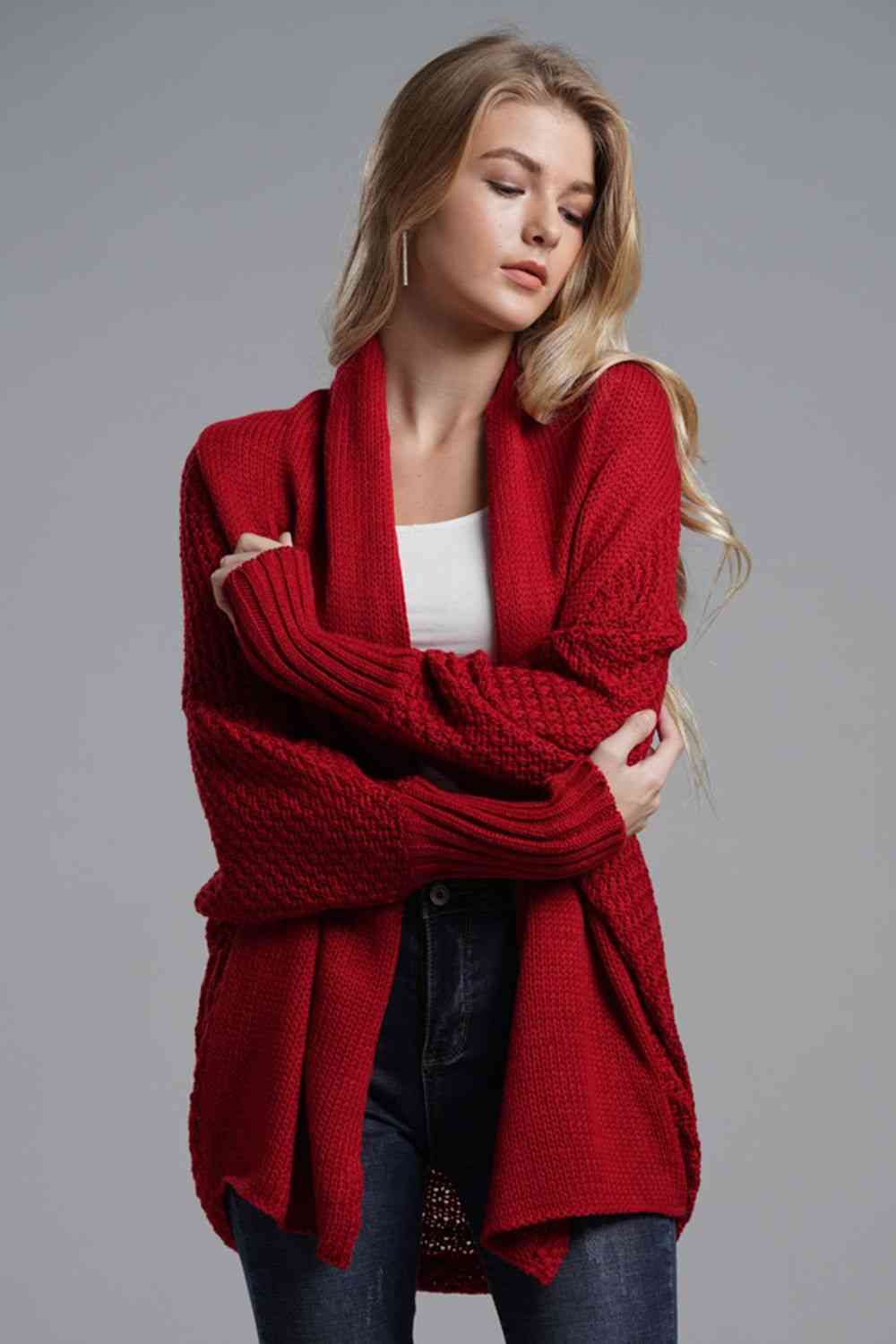Dolman Sleeve Open Front Ribbed Longline Cardigan
